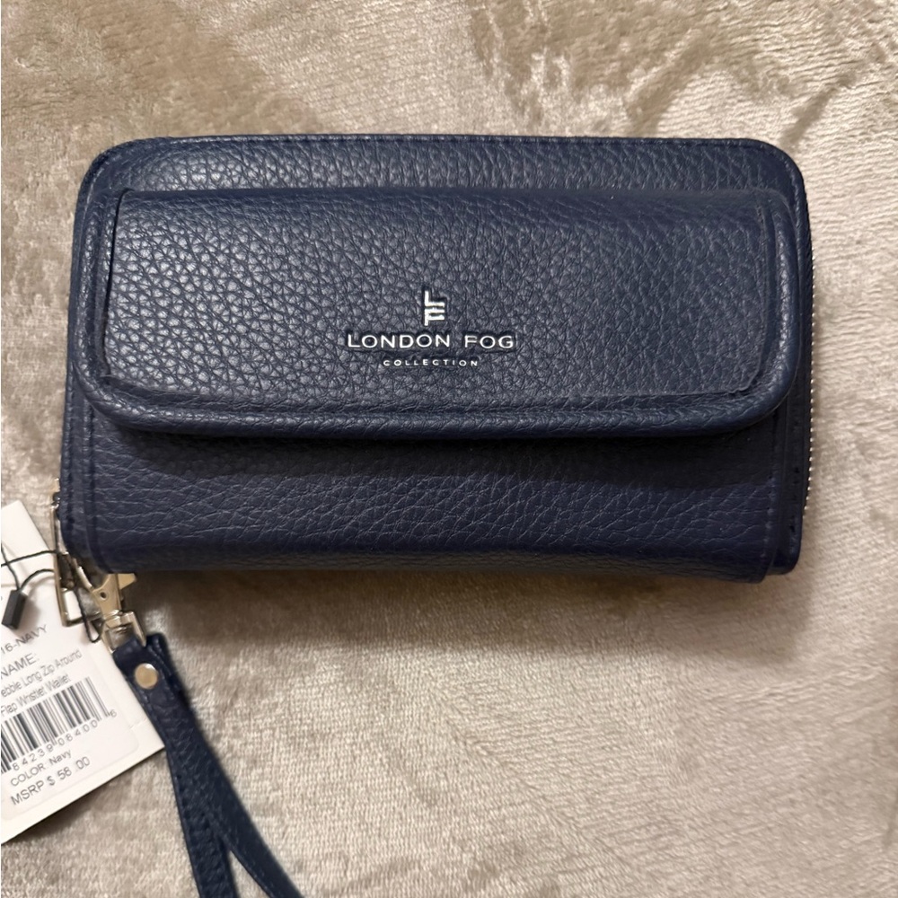 London Fog Navy Pebbled Leather Wristlet Wallet